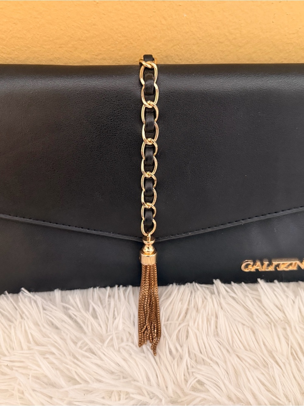 GALZEN Black Leather Chain Tassel Wristlet Clutch